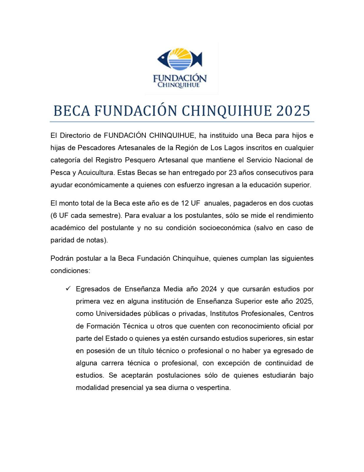 SE INVITA A POSTULAR A LA BECA DE FUNDACIÓN CHINQUIHUE 2025, DIRIGIDA A HIJOS E HIJAS DE PESCADORES ARTESANALES.