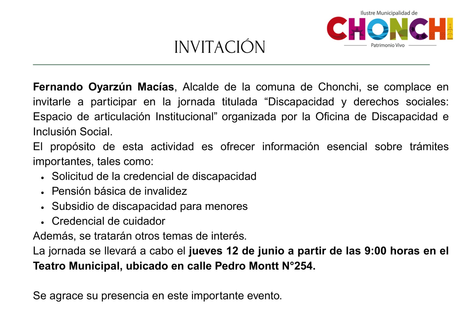 INVITACIÓN JORNADA INFORMATIVA “DISCAPACIDAD Y DERECHOS SOCIALES: ESPACIO DE ARTICULACIÓN INSTITUCIONAL”.